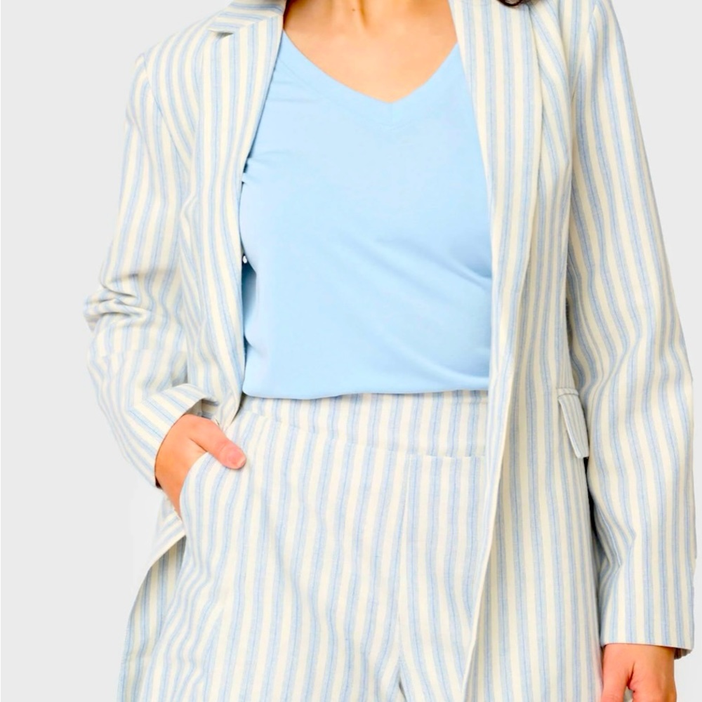 GIBSON Striped Linen Blazer w/Wide Leg Short, XS, Blue Denim Stripe